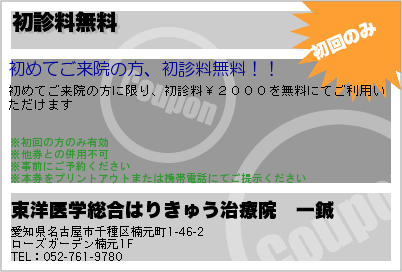 東洋医学総合はりきゅう治療院　一鍼 初診料無料 クーポン